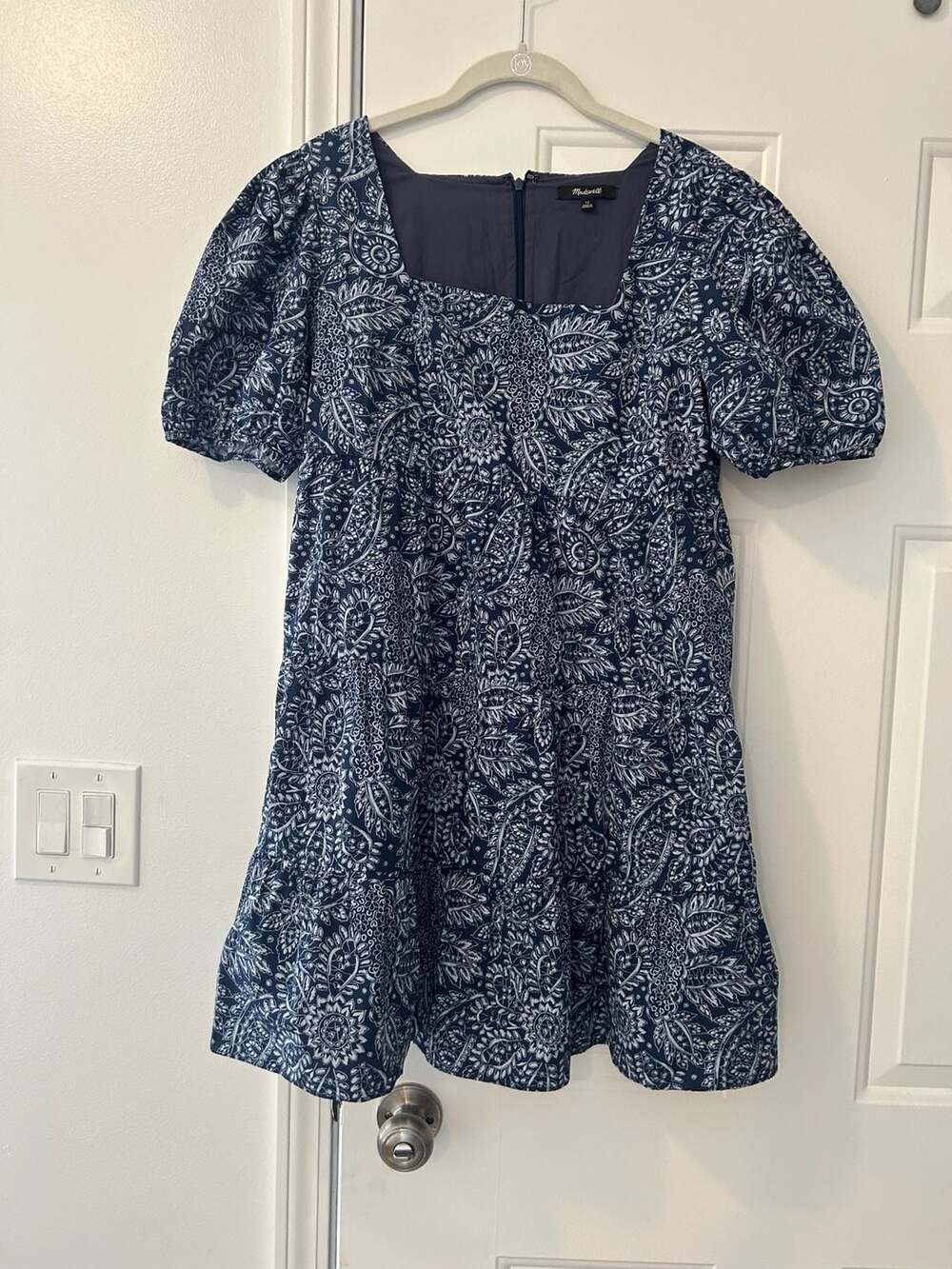 Madewell Poplin Puff-Sleeve Tiered Babydoll Dress Size 12 Paisley Garden